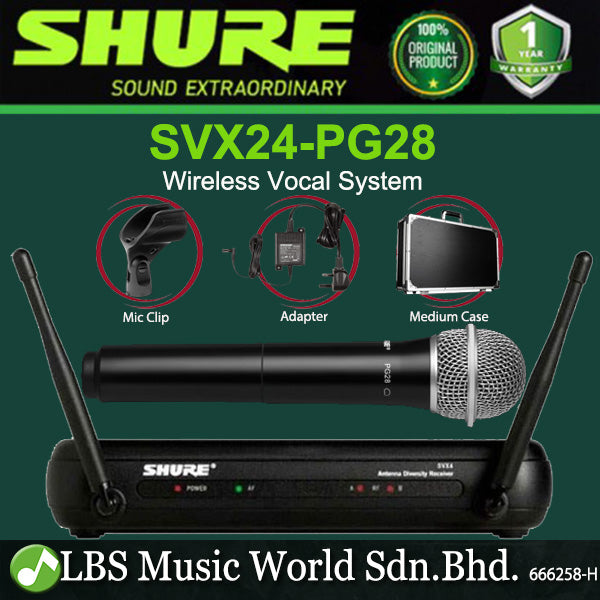 Shure SVX24/PG28 Handheld Wireless Mic Vocal System SVX4 Receiver, and SVX2 Handheld Transmitter with PG28 Microphone (SVX24)