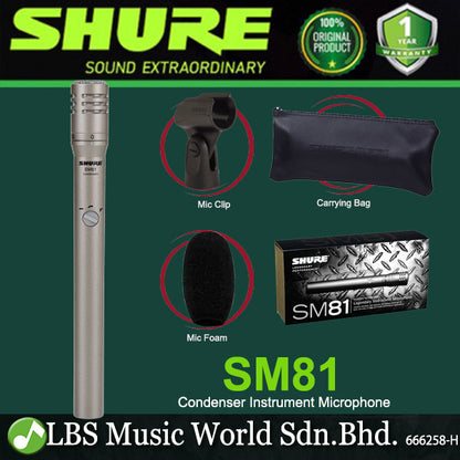 Shure SM81 Small Diaphragm Cardioid Condenser Microphone with Lockable Pad with Mic Foam and Pouch