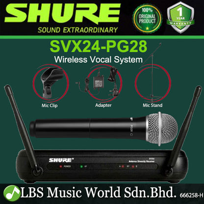 Shure SVX24/PG28 Handheld Wireless Mic Vocal System SVX4 Receiver, and SVX2 Handheld Transmitter with PG28 Microphone (SVX24)