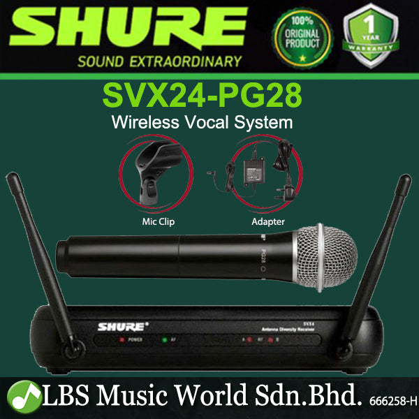 Shure SVX24/PG28 Handheld Wireless Mic Vocal System SVX4 Receiver, and SVX2 Handheld Transmitter with PG28 Microphone (SVX24)