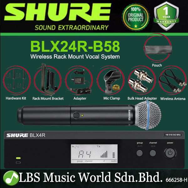 Shure BLX24R/B58 Handheld Wireless Microphone Vocal Rack Mount Mic System with Beta 58A Transmitter (BLX24R B58)