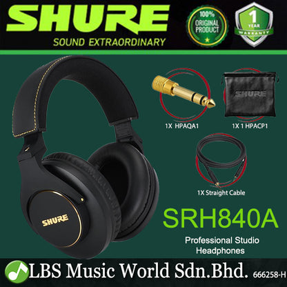 Shure SRH840A Closed Back Professional Monitor Studio Headphones with Detachable Straight Cable (SRH840 A)