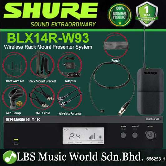 Shure BLX14R/W93 Wireless Rack Mount Presenter Mic System with WL93 Miniature Lavalier Microphone (BLX14R W93)