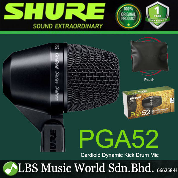 Shure PGA52 Cardioid Dynamic Kick Drum Microphone with Mic Pouch