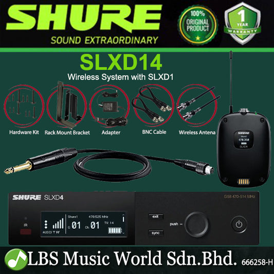 Shure SLXD14 Wireless Mic System Instrument Cable WA305 with SLXD1 Bodypack Lavalier Microphone
