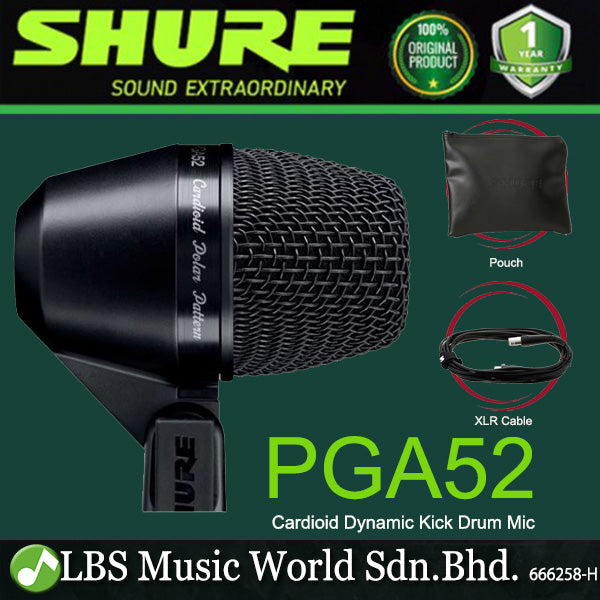 Shure PGA52 Cardioid Dynamic Kick Drum Microphone with Mic Pouch