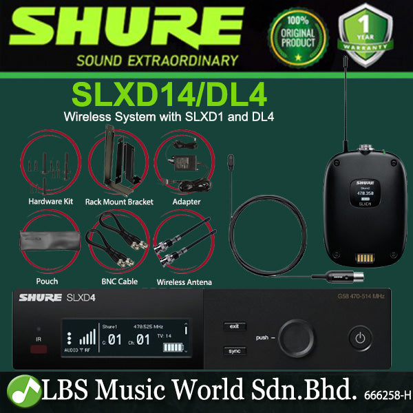 Shure SLXD14/DL4B Wireless Mic System with SLXD1 Bodypack Transmitter and DL4 Lavalier Microphone (SLXD14 DL4B)