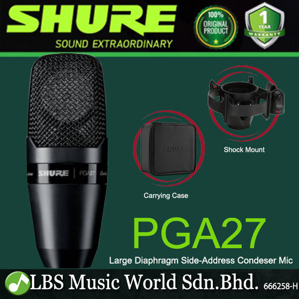 Shure PGA27 Cardioid Large Diaphragm Side-Address Condenser Microphone with Shock Mount Mic