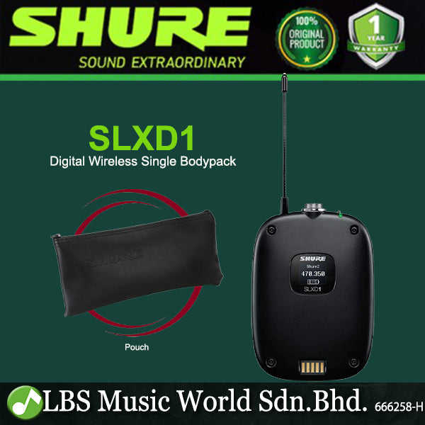 Shure SLXD1 Digital Wireless Single Bodypack Mic Transmitter with On/Off Switch for Lavalier Microphone