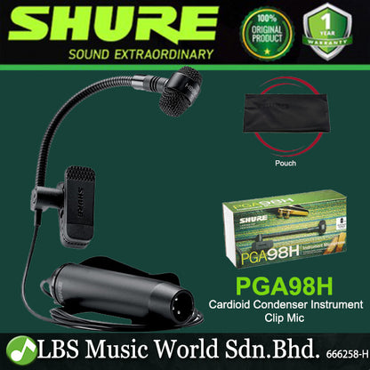 Shure PGA98H Cardioid Condenser Gooseneck Instrument Clip Microphone with Pouch (PGA98 H)