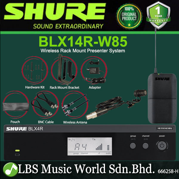 Shure BLX14R/W85 Wireless Rack Mount Presenter Mic System with WL185 Lavalier Cardioid Condenser Microphone (BLX14R W85)