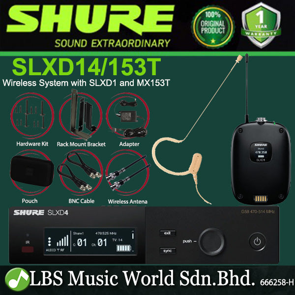 Shure SLXD14/153 Wireless Mic System with SLXD1 Bodypack Transmitter and MX153T Earset Headwon Microphone (SLXD14)