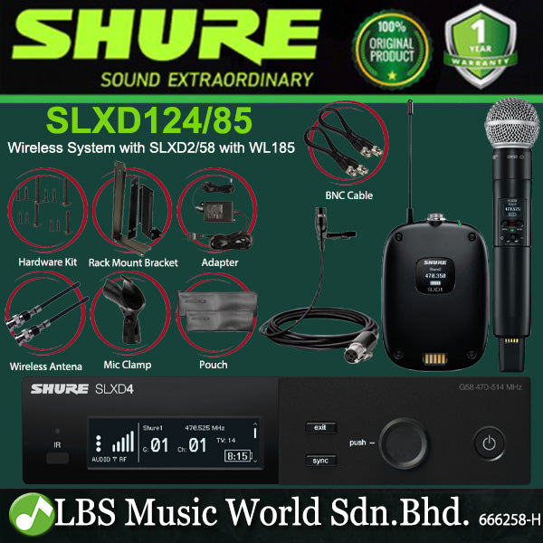 Shure SLXD124/85 Wireless Mic System with SLXD2/58 Handheld Mic SLXD1 Bodypack Transmitter and WL185 Microphone (SLXD124 SM85)