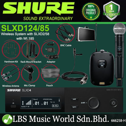Shure SLXD124/85 Wireless Mic System with SLXD2/58 Handheld Mic SLXD1 Bodypack Transmitter and WL185 Microphone (SLXD124 SM85)