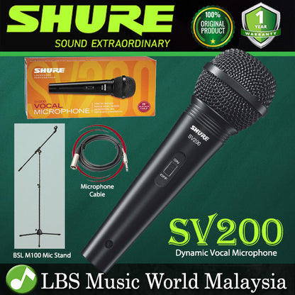 Shure SV200 Dynamic Vocal Microphone with XLR to QTR Cable 6.3mm with Mic Stand (SV 200)
