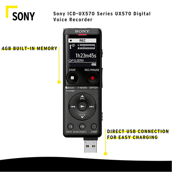 Sony ICD-UX570F Light Weight Voice Recorder with Build in Mic for Reporter Microphone (UX570 UX570F)