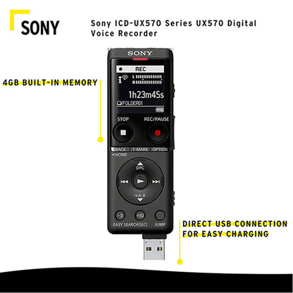 Sony ICD-UX570F Light Weight Voice Recorder with Build in Mic for Reporter Microphone (UX570 UX570F)