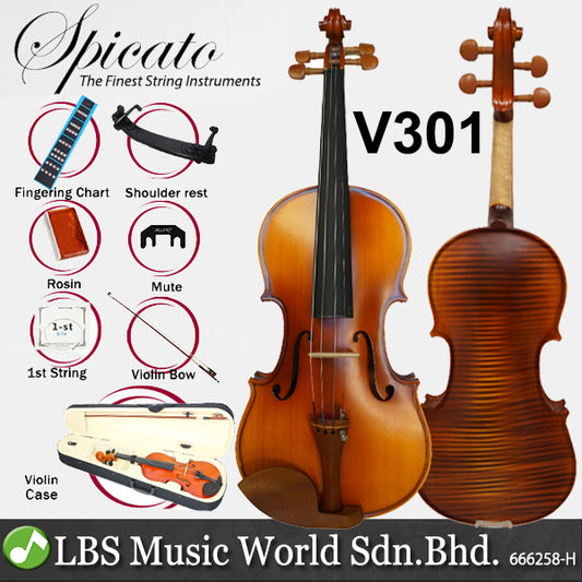 Spicato V301 4/4 Full Size Intermediate Violin Package with Case String Bow Rosin Mute Fingering Chart