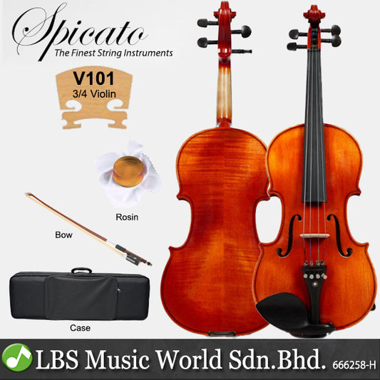 Spicato Italy Violin V101 Three Quarters Size 3/4 Violin With Carry Bag Bow Rosin
