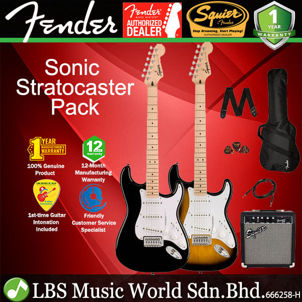 Squier Sonic Stratocaster Complete Pack with Gig Bag, 10G, Cable Strap and Picks - Bundle