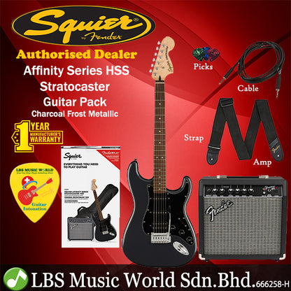 Squier Affinity Series HSS Stratocaster Guitar Pack Laurel Fingerboard Charcoal Frost Metallic