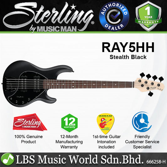 Sterling Ray5HH Stingray 5 String Jatoba Fingerboard Electric Bass Guitar - Stealth Black (RAY5HH SBK)