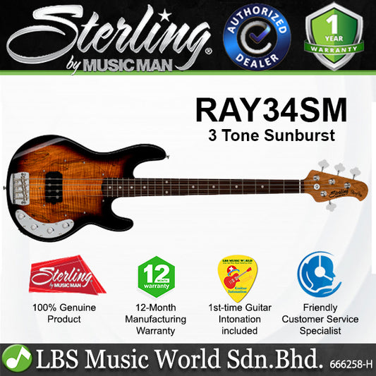 Sterling RAY34SM Stingray Maple Top Electric Bass Three Tone Sunburst (RAY34SM)