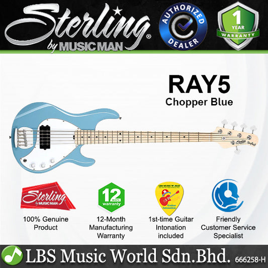 Sterling by Ernie Ball Music Man Stingray Ray5 Electric Bass Guitar- Chopper Blue (RAY5-CHB)