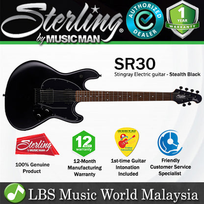 Sterling by Ernie Ball Music Man SR30 Stingray Electric Guitar with Tremolo - Stealth Black (SR30-SBK)