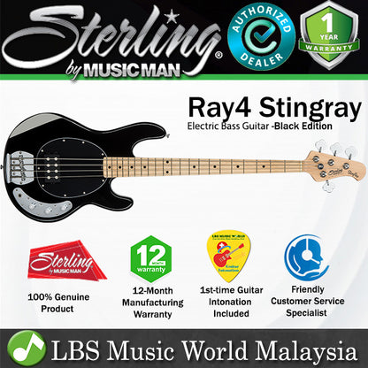 Sterling by Ernie Ball Music Man Ray4 Stingray Bass Guitar- Black Edition (Ray4-BK)