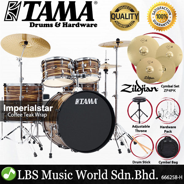Tama Imperialstar IE52KH6W 5 Piece Drum Set with Zildjian ZP4PK Cymbal Set - 22 Inch Bass Drum (Imperial Star)