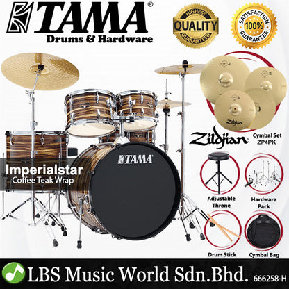 Tama Imperialstar IE52KH6W 5 Piece Drum Set with Zildjian ZP4PK Cymbal Set - 22 Inch Bass Drum (Imperial Star)