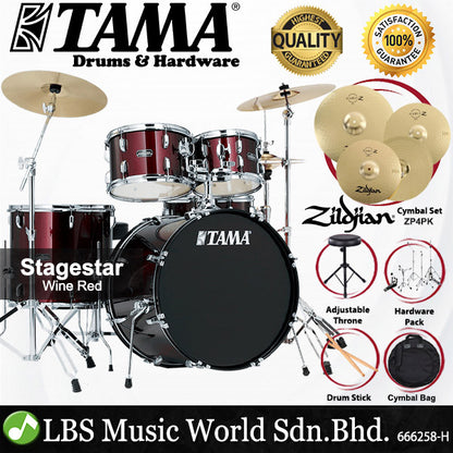 Tama Stagestar SG52KH6 5 Piece Drum Set with Zildjian ZP4PK Cymbal Set - 22 Inch Bass Drum (Stage Star)