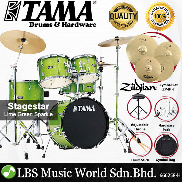 Tama Stagestar SG52KH6 5 Piece Drum Set with Zildjian ZP4PK Cymbal Set - 22 Inch Bass Drum (Stage Star)