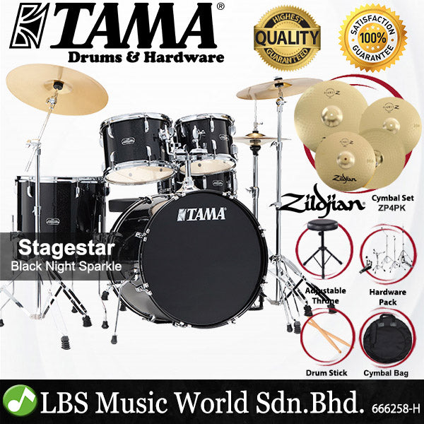 Tama Stagestar SG52KH6 5 Piece Drum Set with Zildjian ZP4PK Cymbal Set - 22 Inch Bass Drum (Stage Star)