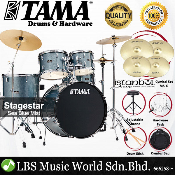 Tama Stagestar SG52KH6 5 Piece Drum Set with Istanbul Agop MS-X Cymbal Set - 22 Inch Bass Drum (Stage Star)