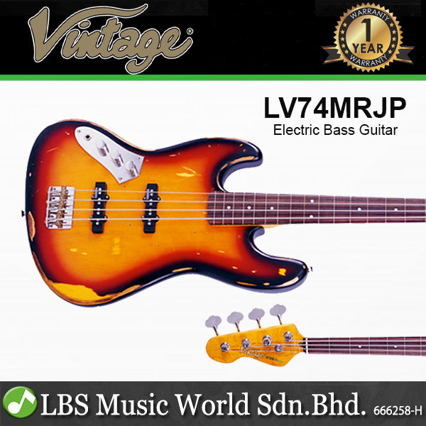 Vintage Icon Series LV74MRJP Left Handed Poplar Body Fretless Bass Guitar Gloss Black (LV74 MRJP)
