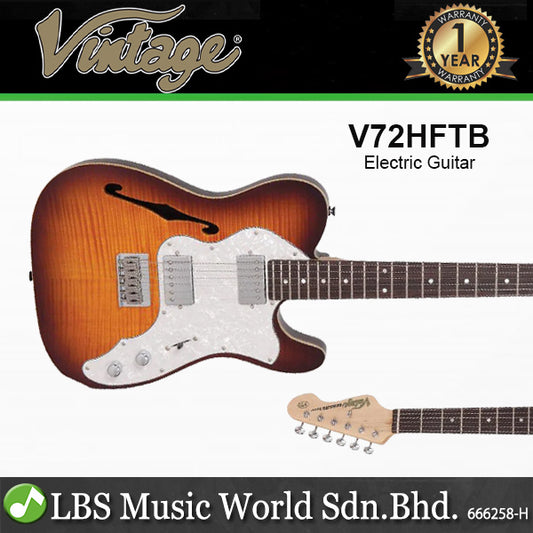 Vintage V72HFTB Custom Spec Alder Body with HH Products Hardtail Electric Guitar - Flame Tobacco Burst (V72H FTB)