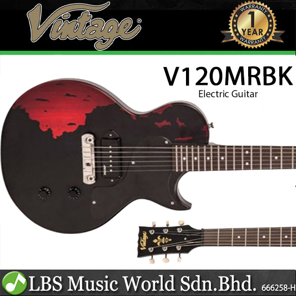 Vintage Icon V120MRBK Mahogany Les Paul Body Electric Guitar - Distressed Black Over Red (V120 MRBK)