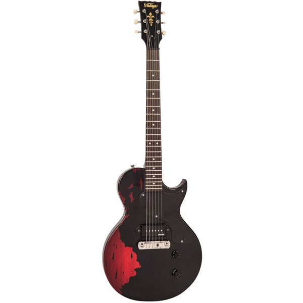 Vintage Icon V120MRBK Mahogany Les Paul Body Electric Guitar - Distressed Black Over Red (V120 MRBK)