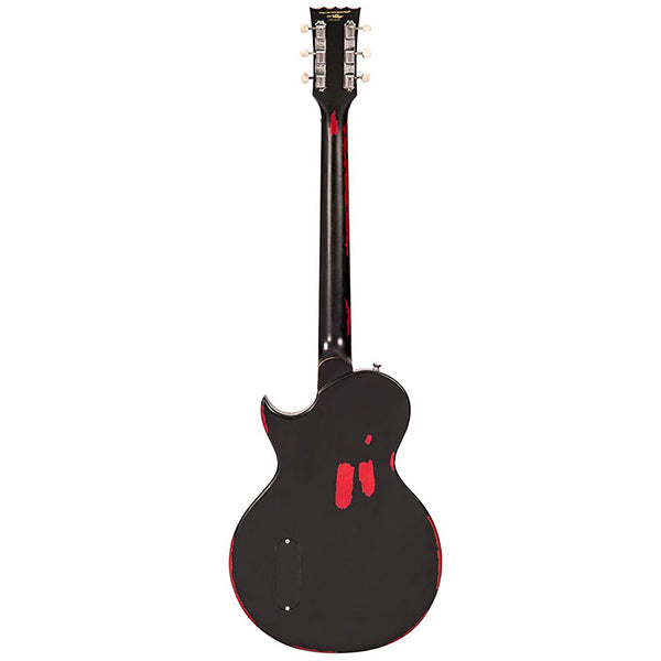 Vintage Icon V120MRBK Mahogany Les Paul Body Electric Guitar - Distressed Black Over Red (V120 MRBK)