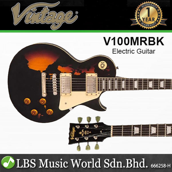 Vintage V100MRBK ICON Les Paul Style Electric Guitar Mahogany Body  - Distressed Black Over Sunburst (V100 MRBK)