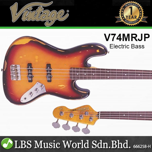 Vintage V74MRJP 4 Strings Icon Series Fretless Bass Guitar - Distressed Sunburst