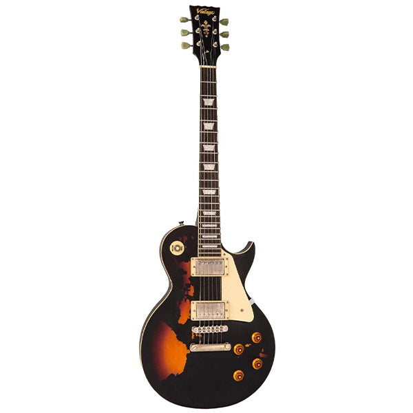 Vintage V100MRBK ICON Les Paul Style Electric Guitar Mahogany Body  - Distressed Black Over Sunburst (V100 MRBK)