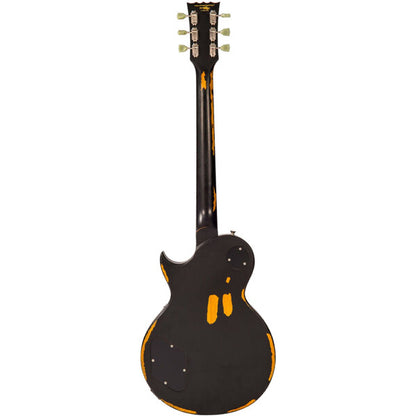 Vintage V100MRBK ICON Les Paul Style Electric Guitar Mahogany Body  - Distressed Black Over Sunburst (V100 MRBK)