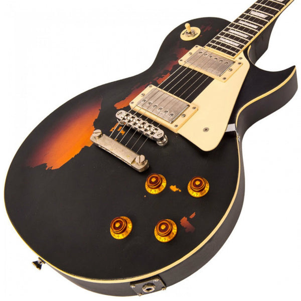 Vintage V100MRBK ICON Les Paul Style Electric Guitar Mahogany Body  - Distressed Black Over Sunburst (V100 MRBK)