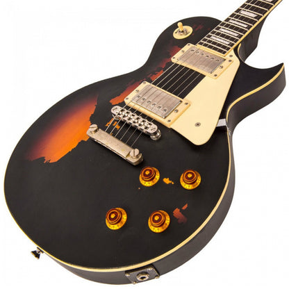 Vintage V100MRBK ICON Les Paul Style Electric Guitar Mahogany Body  - Distressed Black Over Sunburst (V100 MRBK)
