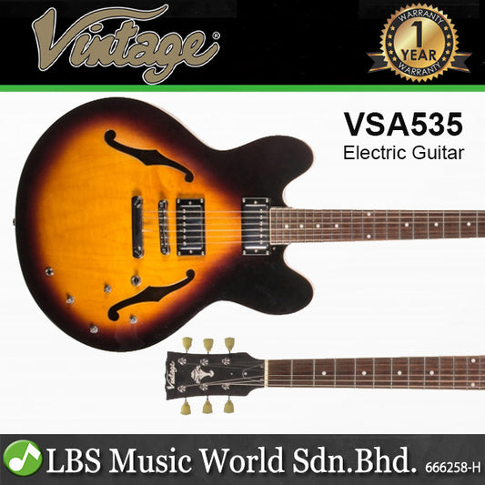 Vintage VSA535 Semi Acoustic Maple Slim Hollow Body Electric Guitar - Tobacco Sunburst (VSA 535)