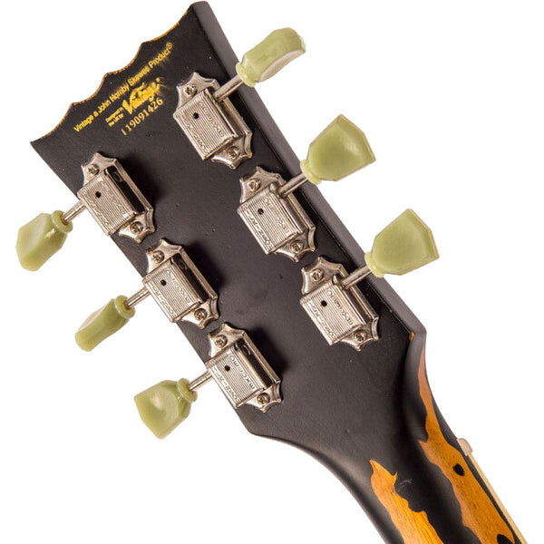 Vintage V100MRBK ICON Les Paul Style Electric Guitar Mahogany Body  - Distressed Black Over Sunburst (V100 MRBK)