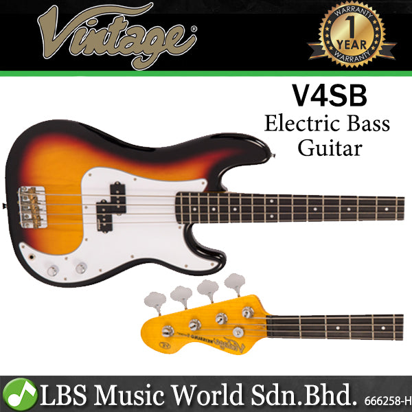 Vintage V4SB Reissued Series 4 String Bolt-On Alder Wood Body Electric Bass Guitar Sunburst (V4 SB)